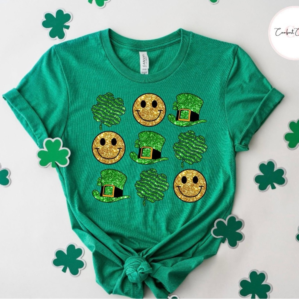 Vibrant Green Short Sleeve Tee with Yellow Smiley and Shamrock Design
